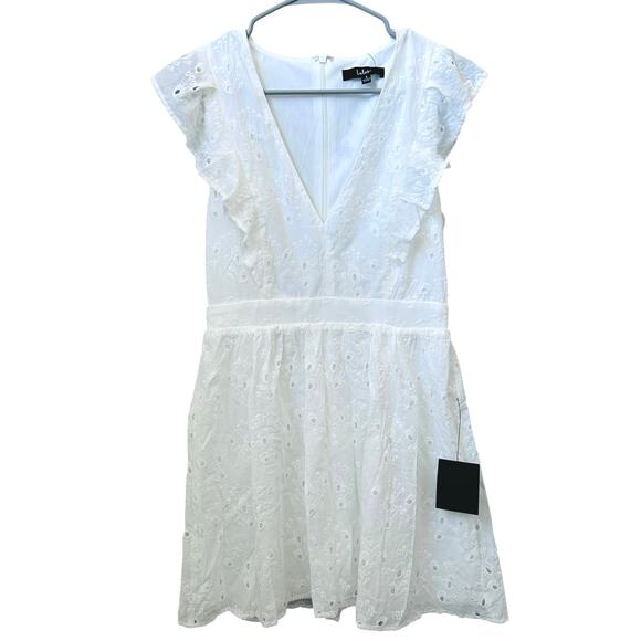 LULUS Flirtatious in Florence White Ruffled Eyelet Cotton V-neck Mini Dress-Sz S - Picture 2 of 7